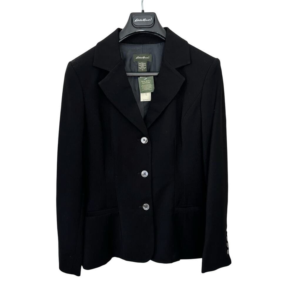Eddie Bauer Black Polyester Blend Blazer Womens Size 12 Petite Shell Buttons New
